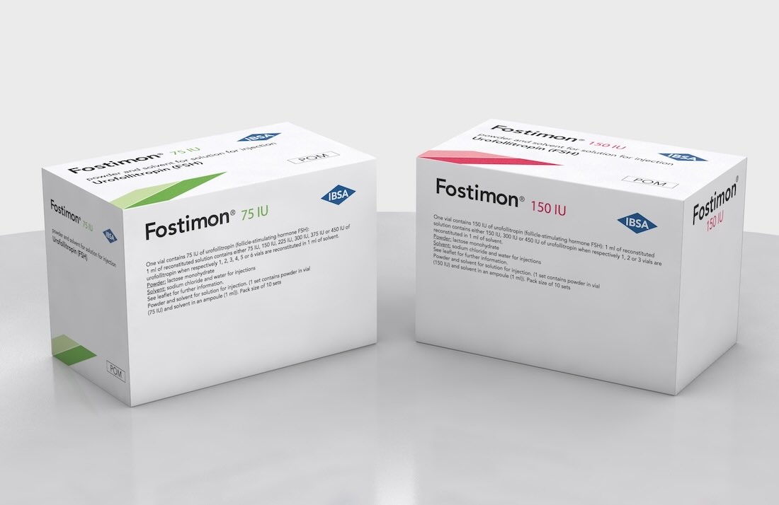 Two Fostimon product packs, showing 75 IU and 150 IU on a light background